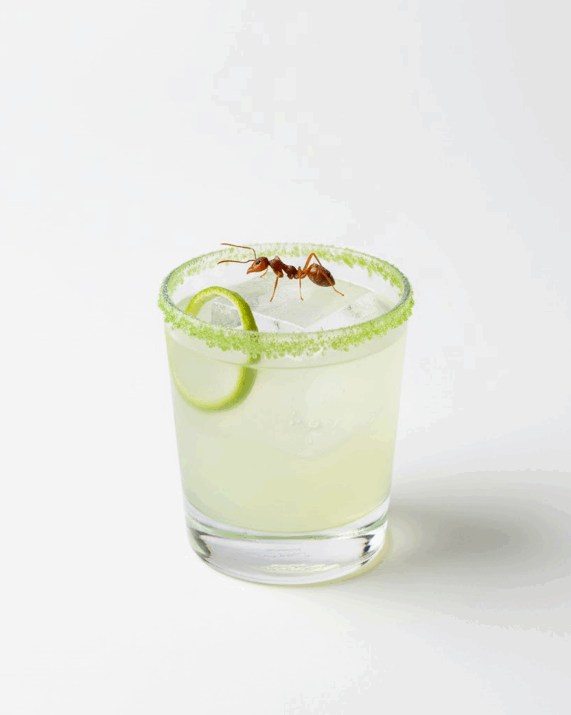 Ant on a lime-rimmed cocktail glass symbolizing an unusual cocktail ingredient adding citrus acidity.