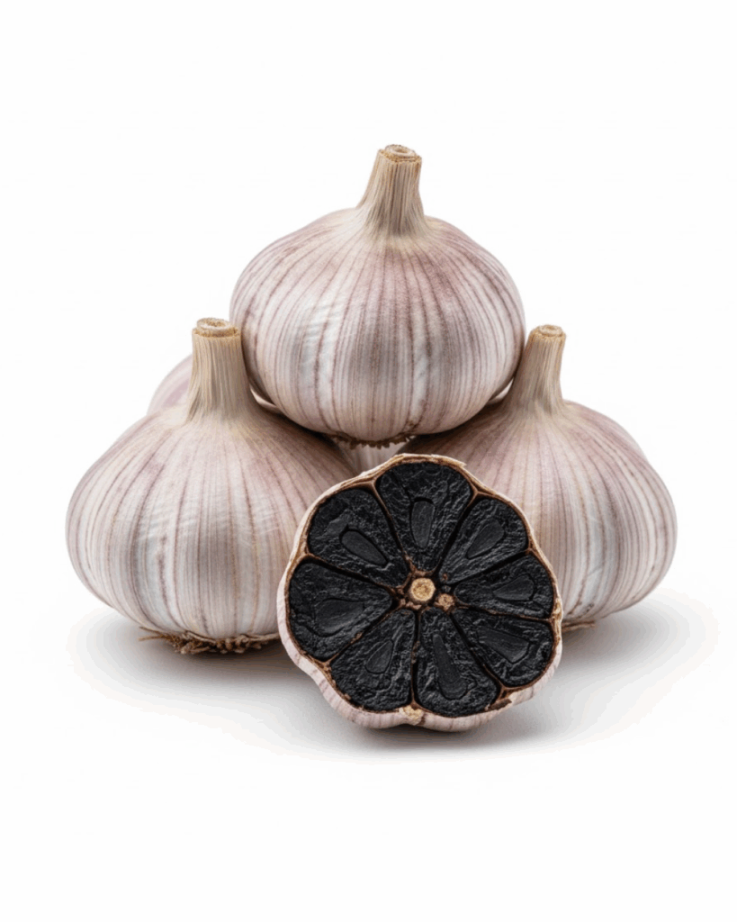 Close-up of black garlic bulbs used as an unusual cocktail ingredient adding umami depth and sweetness.