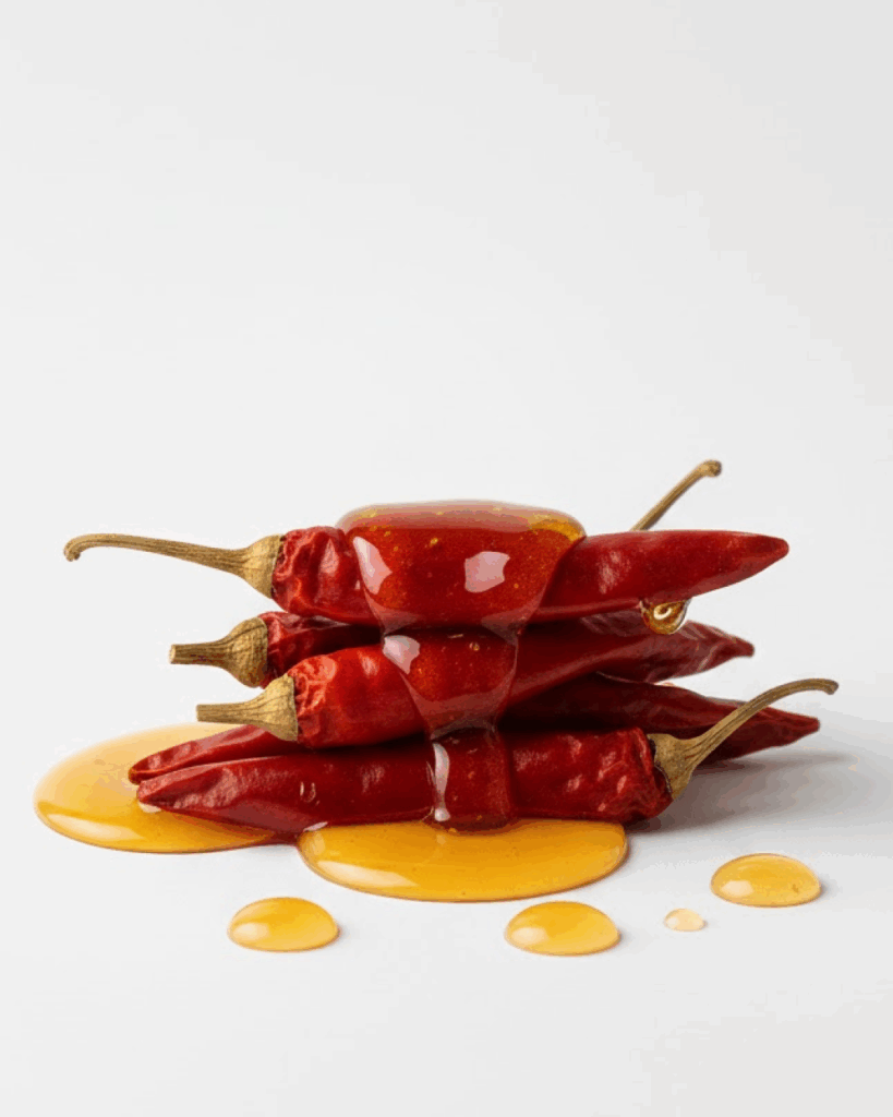 Red chili peppers drizzled with honey, showing a sweet and spicy unusual cocktail ingredient.