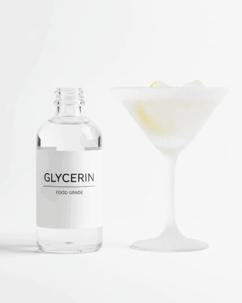 Bottle of food-grade glycerin beside a martini glass illustrating an unusual cocktail ingredient used to stabilize texture.